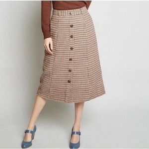 Modcloth Houndstooth Tweed High Waist Wool Button Front Retro Midi Skirt XXS